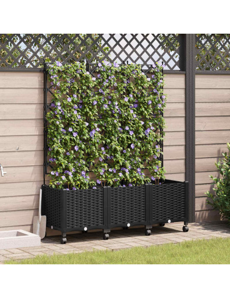 Vaso da giardino con grigliato e ruote 3 pz Nero PP