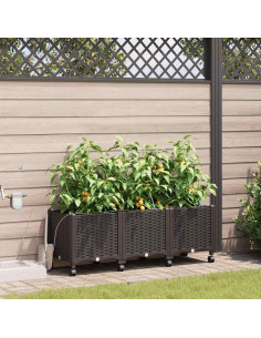 Vaso da Giardino con Irrigazione e Ruote 3 pz Marrone PP