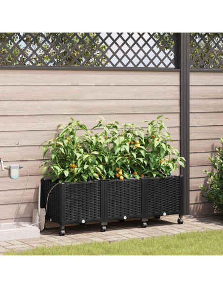 Vaso da Giardino con Irrigazione e Ruote 3 pz Nero PP