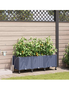 Vaso da Giardino con Irrigazione e Ruote 3 pz Grigio PP