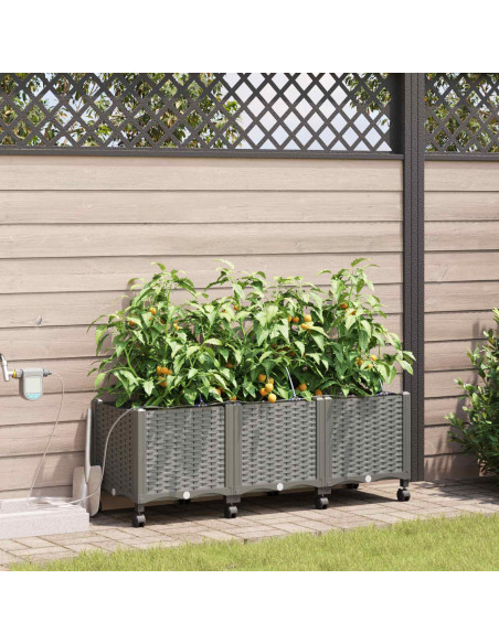 Vaso da Giardino con Irrigazione e Ruote 3 pz Grigio Chiaro PP