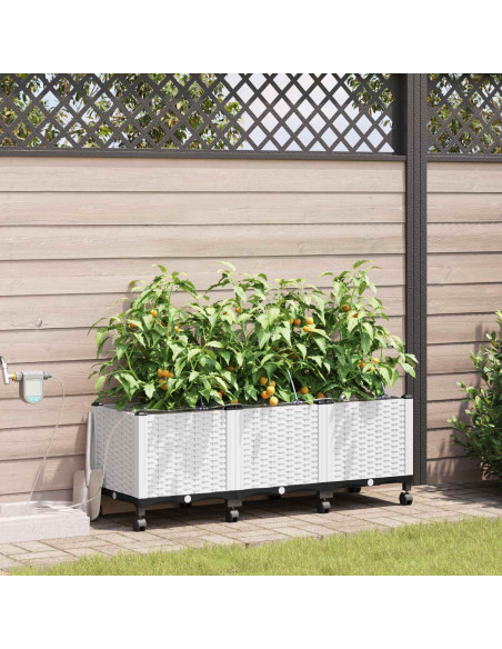 Vaso da Giardino con Irrigazione e Ruote 3 pz Bianco PP