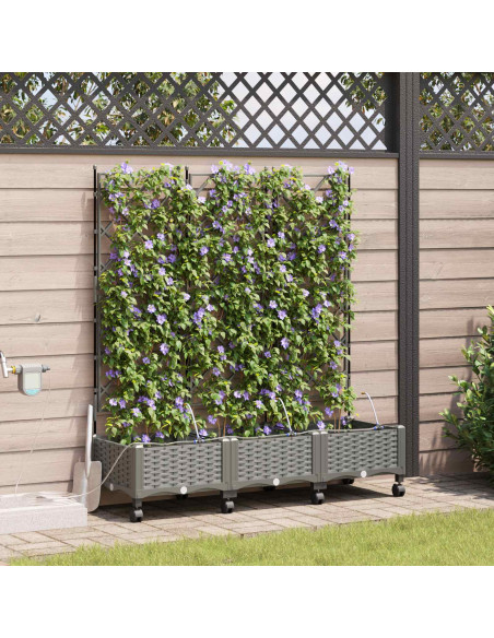 Vaso da Giardino con Irrigazione e Ruote 3 pz Grigio Chiaro PP