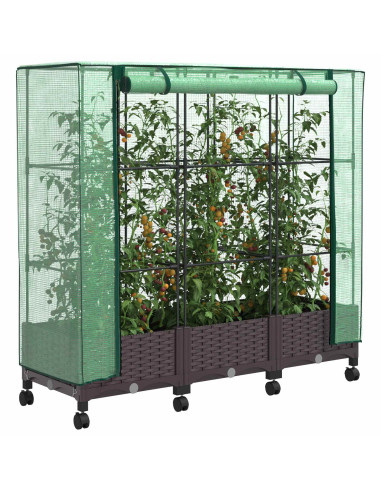 Vaso da Giardino con Copertura per Serra e Ruote 3 pz Marrone