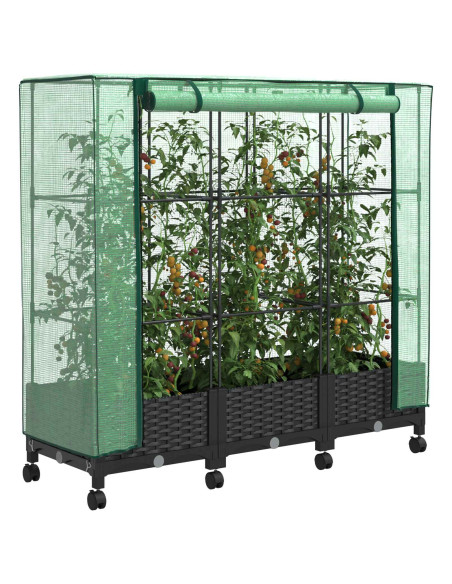 Vaso da Giardino con Copertura per Serra e Ruote 3 pz Nero PP