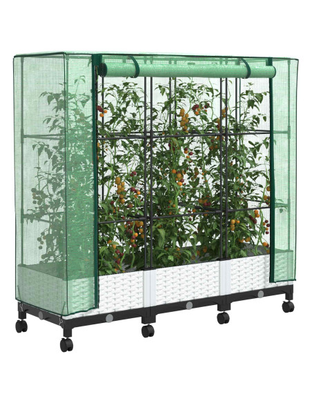 Vaso da Giardino con Copertura per Serra e Ruote 3 pz Bianco PP