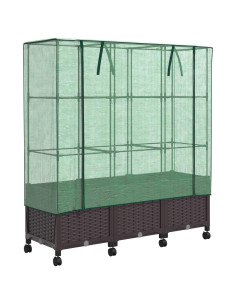 Vaso da Giardino con Copertura per Serra e Ruote 3 pz Marrone 2