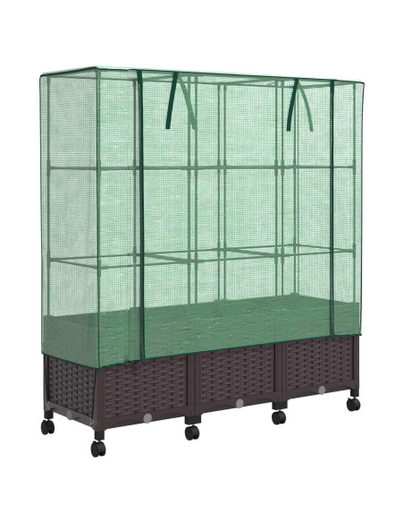Vaso da Giardino con Copertura per Serra e Ruote 3 pz Marrone