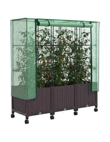 Vaso da Giardino con Copertura per Serra e Ruote 3 pz Marrone
