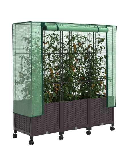 Vaso da Giardino con Copertura per Serra e Ruote 3 pz Marrone