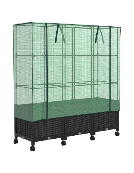 Vaso da Giardino con Copertura per Serra e Ruote 3 pz Nero PP