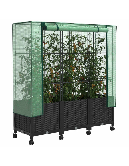 Vaso da Giardino con Copertura per Serra e Ruote 3 pz Nero PP