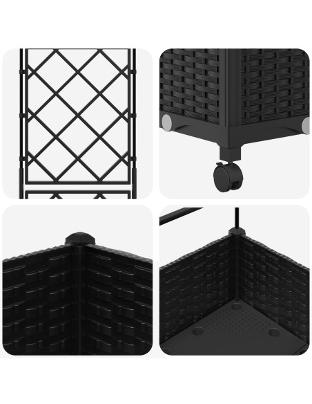 Vaso da giardino con grigliato e ruote Nero 40 x 40 x 131,5 cm