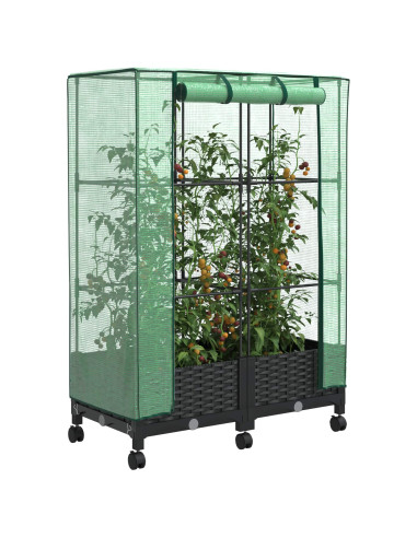Vaso da Giardino con Copertura per Serra e Ruote 2 pz Nero PP