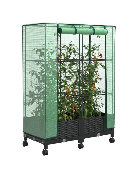 Vaso da Giardino con Copertura per Serra e Ruote 2 pz Nero PP
