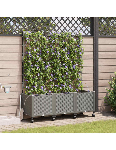 Vaso da Giardino con Irrigazione e Ruote 3 pz Grigio Chiaro PP