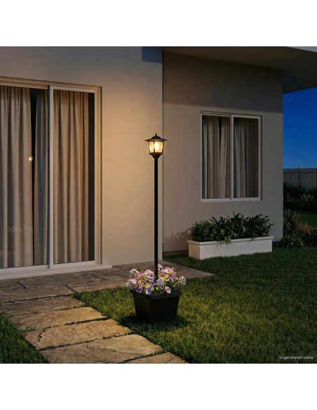 Lampione solare con fioriera Nero 32 x 32 x 158 cm