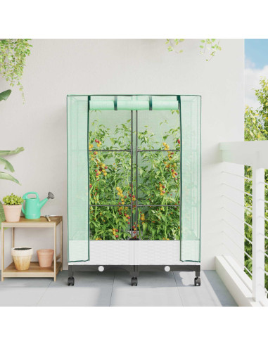 Vaso da Giardino con Copertura per Serra e Ruote 2 pz Bianco PP