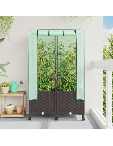 Vaso da Giardino con Copertura per Serra e Ruote 2 pz Marrone