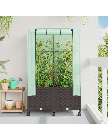 Vaso da Giardino con Copertura per Serra e Ruote 2 pz Marrone