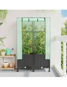Vaso da Giardino con Copertura per Serra e Ruote 2 pz Nero PP