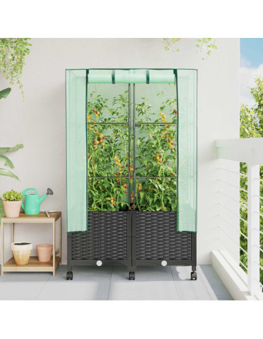 Vaso da Giardino con Copertura per Serra e Ruote 2 pz Nero PP