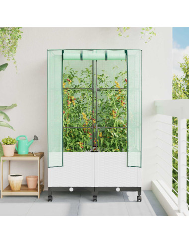 Vaso da Giardino con Copertura per Serra e Ruote 2 pz Bianco PP