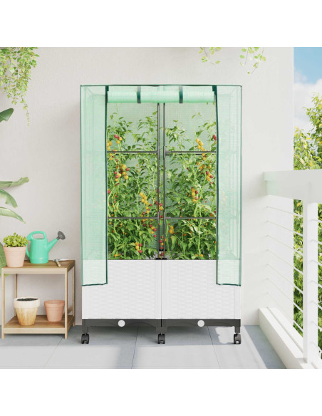 Vaso da Giardino con Copertura per Serra e Ruote 2 pz Bianco PP