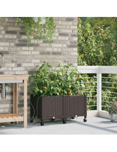Vaso da Giardino con Irrigazione e Ruote 2 pz Marrone PP
