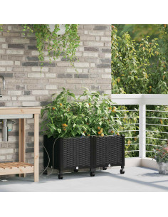 Vaso da Giardino con Irrigazione e Ruote 2 pz Nero PP
