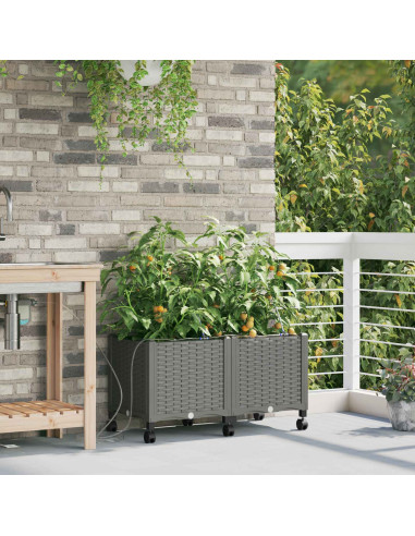 Vaso da Giardino con Irrigazione e Ruote 2 pz Grigio Chiaro PP