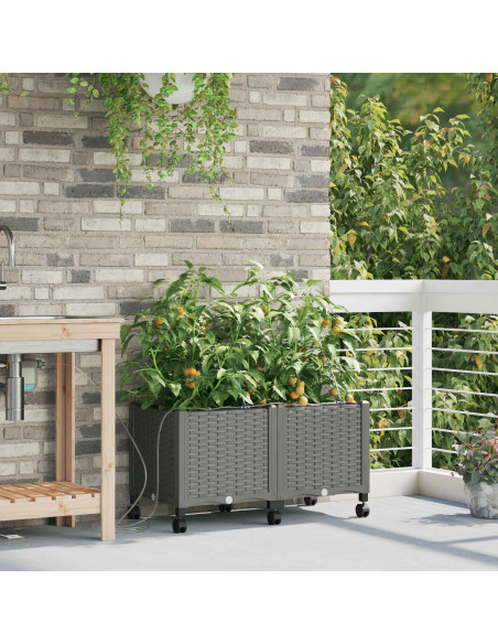 Vaso da Giardino con Irrigazione e Ruote 2 pz Grigio Chiaro PP