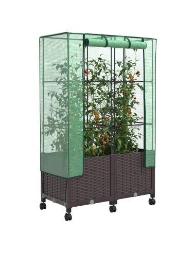 Vaso da Giardino con Copertura per Serra e Ruote 2 pz Marrone