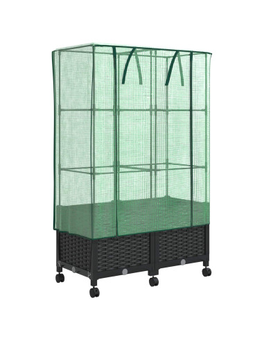 Vaso da Giardino con Copertura per Serra e Ruote 2 pz Nero PP