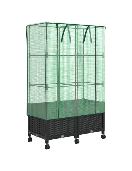 Vaso da Giardino con Copertura per Serra e Ruote 2 pz Nero PP