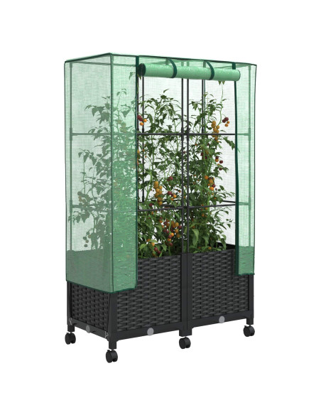 Vaso da Giardino con Copertura per Serra e Ruote 2 pz Nero PP