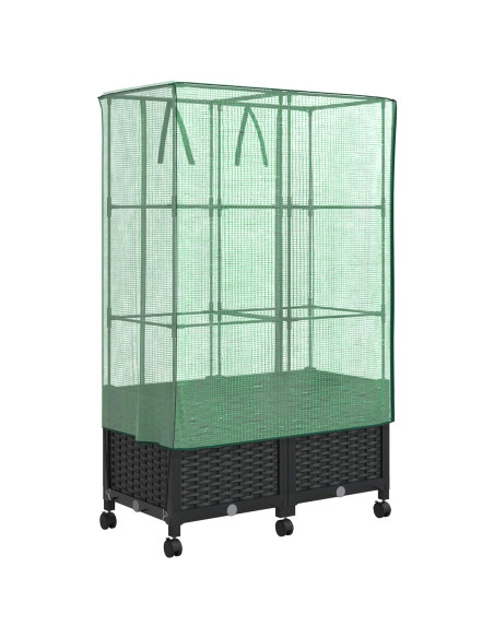 Vaso da Giardino con Copertura per Serra e Ruote 2 pz Nero PP
