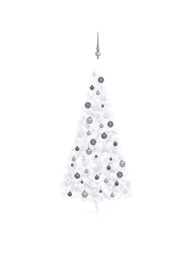 Albero di Natale a Metà Preilluminato con Palline Bianco 210 cm