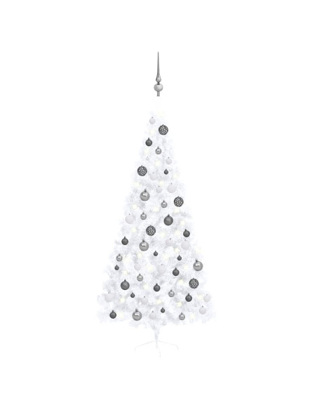 Albero di Natale a Metà Preilluminato con Palline Bianco 210 cm