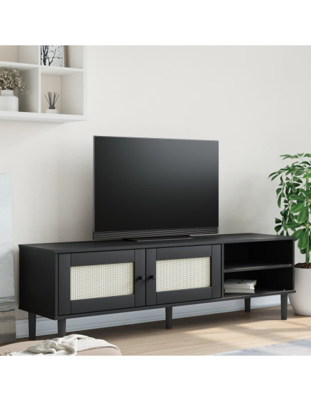 Mobile TV SENJA Aspetto Rattan Nero 158x40x49 cm Massello Pino