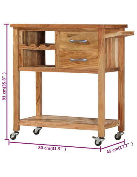 Carrello da Cucina 80x45x91 cm in Legno Massello di Acacia