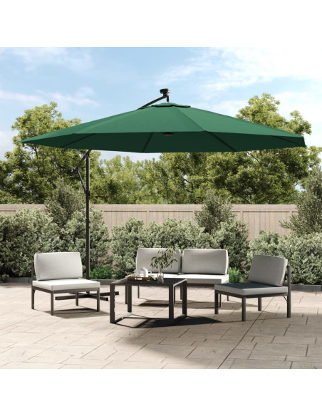 Ombrellone a Sbalzo con LED e Palo in Metallo 350 cm Verde