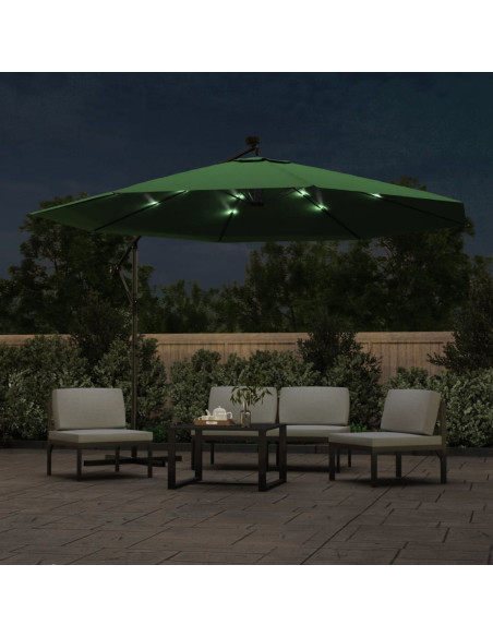 Ombrellone a Sbalzo con LED e Palo in Metallo 350 cm Verde