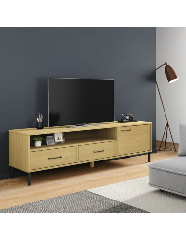 Mobile TV con Gambe Metallo Marrone Legno Massello di Pino OSLO