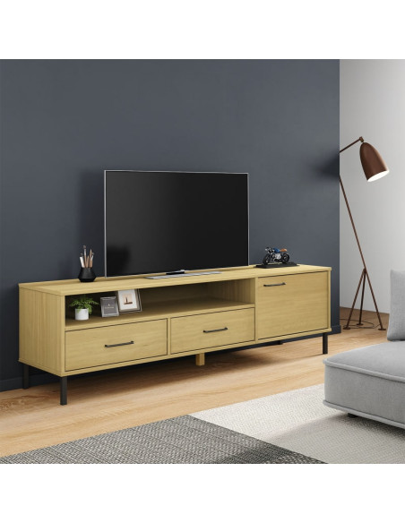 Mobile TV con Gambe Metallo Marrone Legno Massello di Pino OSLO