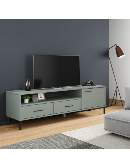 Mobile TV con Gambe Metallo Grigio Legno Massello di Pino OSLO