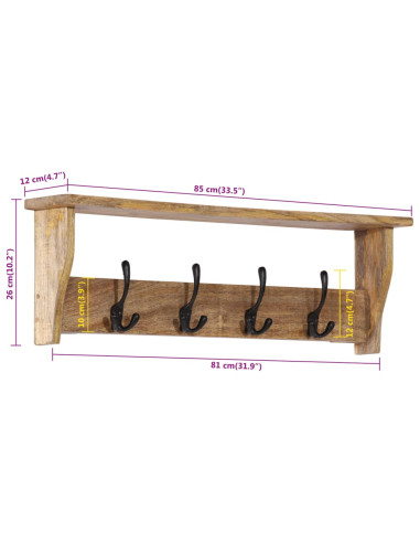 Appendiabiti da Parete con 4 Ganci in Legno Massello di Mango
