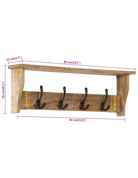 Appendiabiti da Parete con 4 Ganci in Legno Massello di Mango
