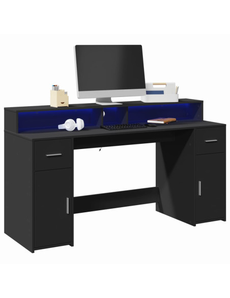 Scrivania con Luci LED Nera 160x55x91 cm in Legno Multistrato