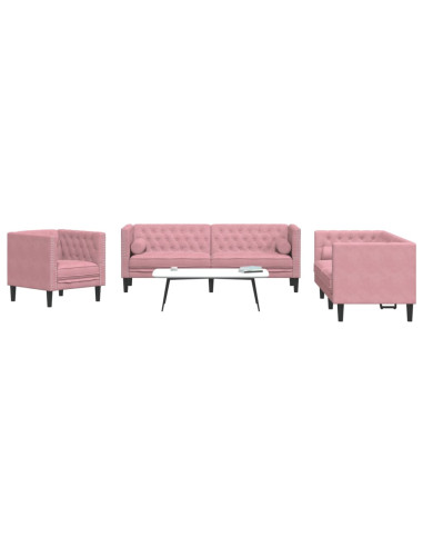 Set Divani Chesterfield 3pz con Cuscini Rosa Velluto